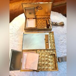 1940s LOT OF 2 Gold Metal & Mesh Wristlet Purses Clutch Cigarette Case + Compact